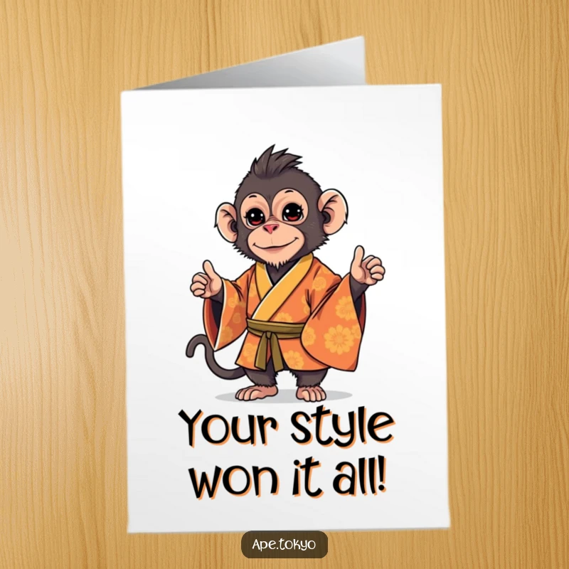 Funny Free Printable Congratulations Card: Playful Macaque in an ornate kimono, striking a stylish, confident stance in victory.