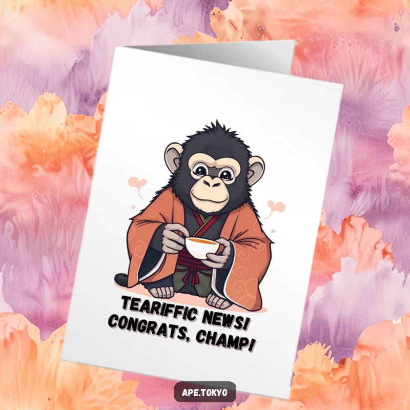 Funny Free Printable Congratulations Card: Majestic ape in formal kimono offers a delicate tea cup with a peaceful, serene look.
