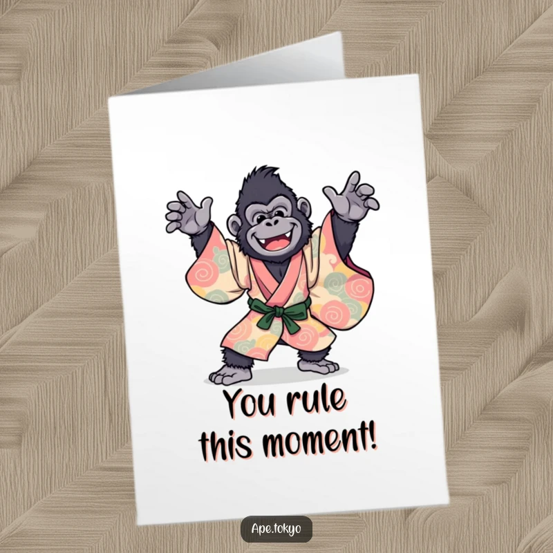 Funny Free Printable Congratulations Card: Joyful Gorilla in a vibrant kimono, celebrating success with a dynamic dance pose.