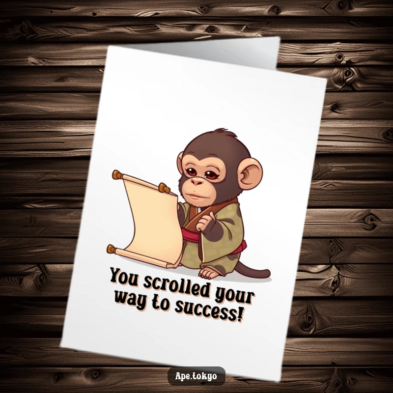 Funny Free Printable Congratulations Card: Curious ape in a kimono peers at a long scroll, celebrating achievements.