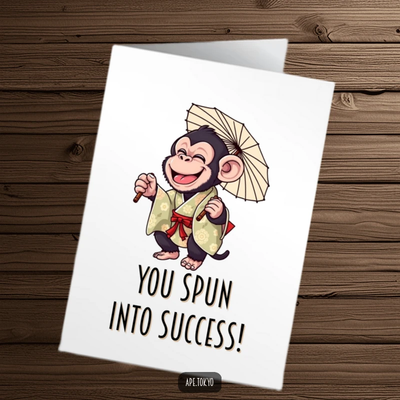 Funny Free Printable Congratulations Card: Giggling Chimpanzee in a colorful kimono, playfully twirling a parasol in celebration.