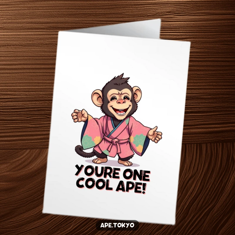 Free Printable Congrats Card: A joyful ape in a vibrant kimono holds a powerful, dynamic pose, celebrating achievement.