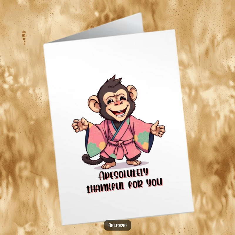 Free Printable Thank You Card: A joyful ape in a vibrant kimono strikes a dynamic pose, expressing gratitude.