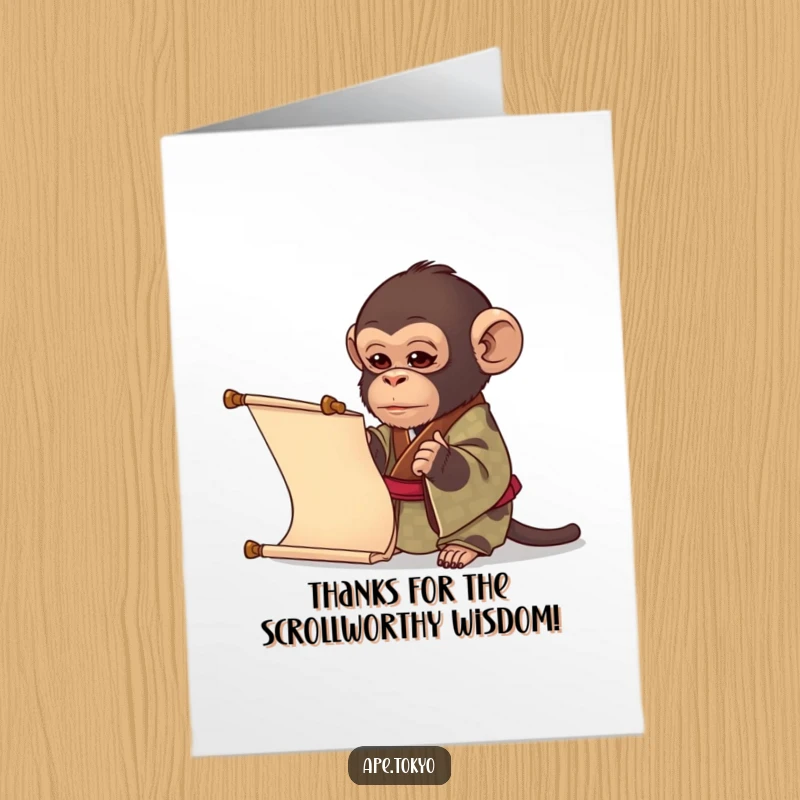 Funny Free Printable Thank You Card: A curious ape in a kimono examines a scroll, pondering your kindness.
