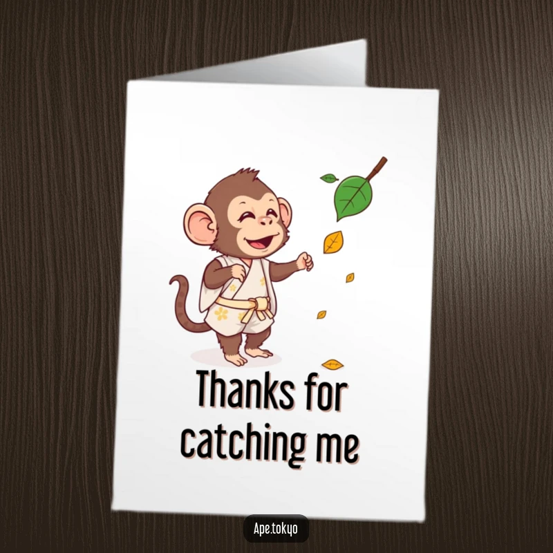 Free Printable Thank You Card: An amusing ape in a short kimono playfully reaches for a falling leaf.