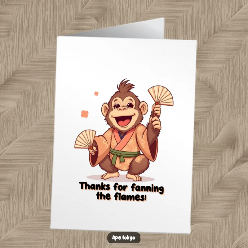 Funny Free Printable Thank You Card: Cheerful Orangutan in a patterned kimono, juggling fans to say thank you.