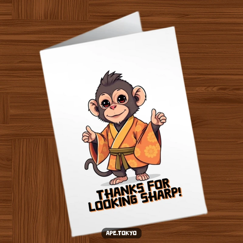 Funny Free Printable Thank You Card: Playful Macaque in an ornate kimono, striking a stylish pose to say thank you.