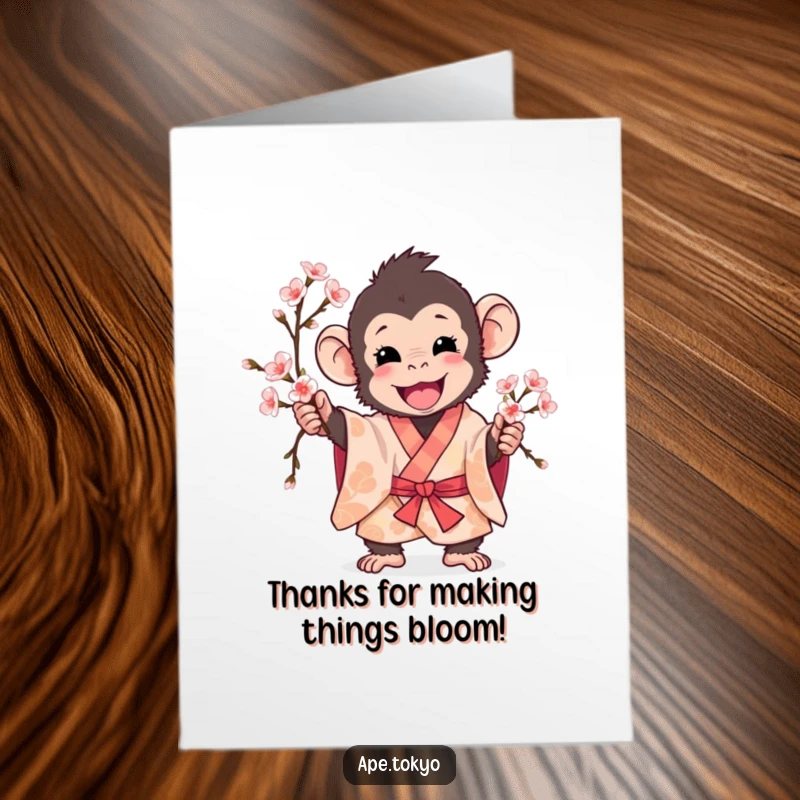 Funny Free Printable Thank You Card: Playful ape in patterned kimono holding a cherry blossom branch, conveying thanks.
