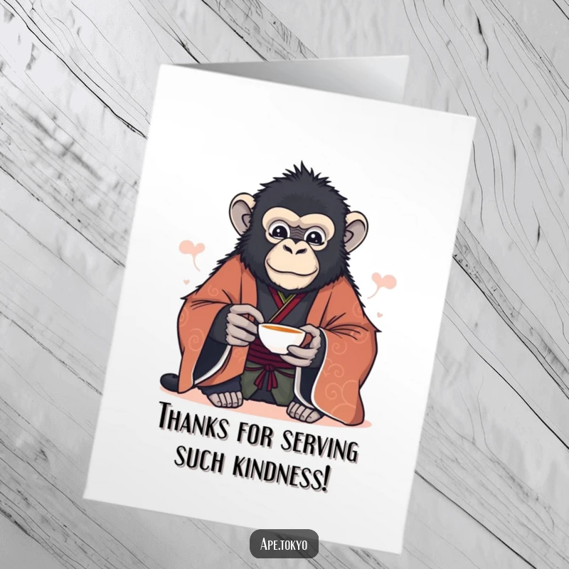 Funny Free Printable Thank You Card: Majestic ape in formal kimono offers a tea cup, a gesture of serene gratitude.