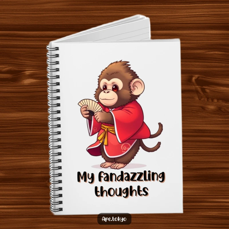 Funny fluffy ape in a red kimono doing a fan dance, notebook cover, creative inspiration.