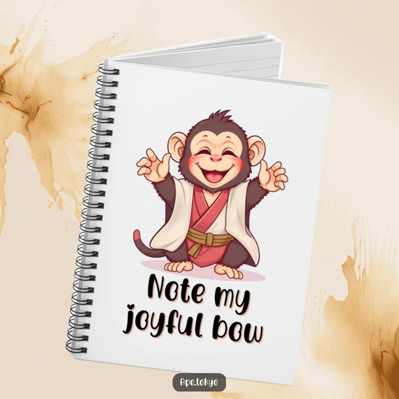Funny ape in a silk kimono bowing playfully, providing cheerful humor for a notebook, ideal for a funny gift.