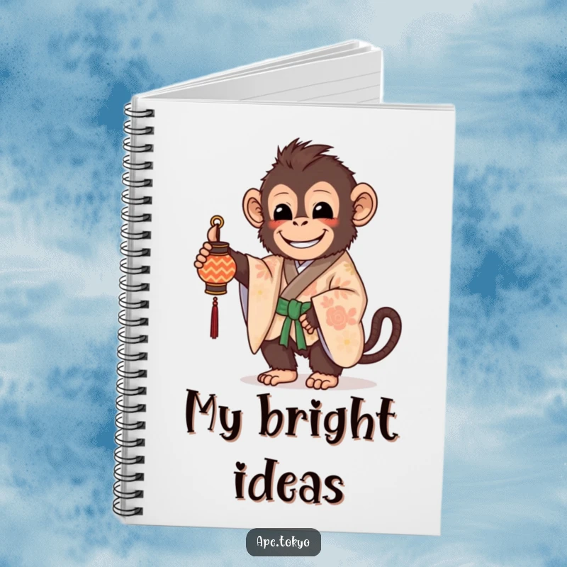 Funny Notebook: A beaming ape in a patterned kimono holds a small, decorated lantern, perfect for your thoughts.