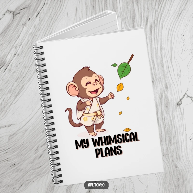 Funny Notebook: A silly ape in a short kimono is shown trying to catch a single falling leaf while writing.
