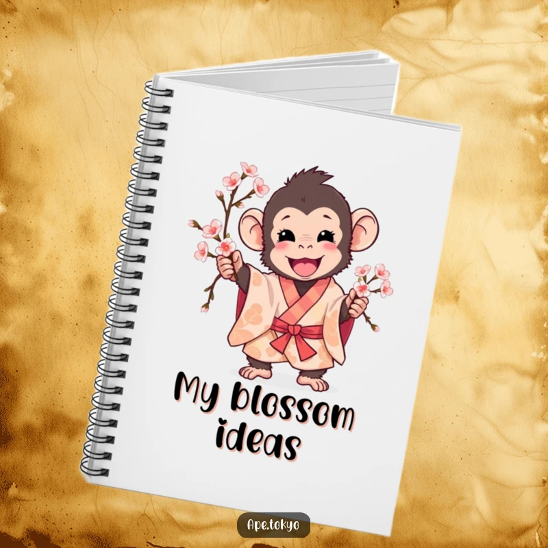 Funny ape in patterned kimono excitedly holding a cherry blossom branch, notebook cover, spring inspiration.