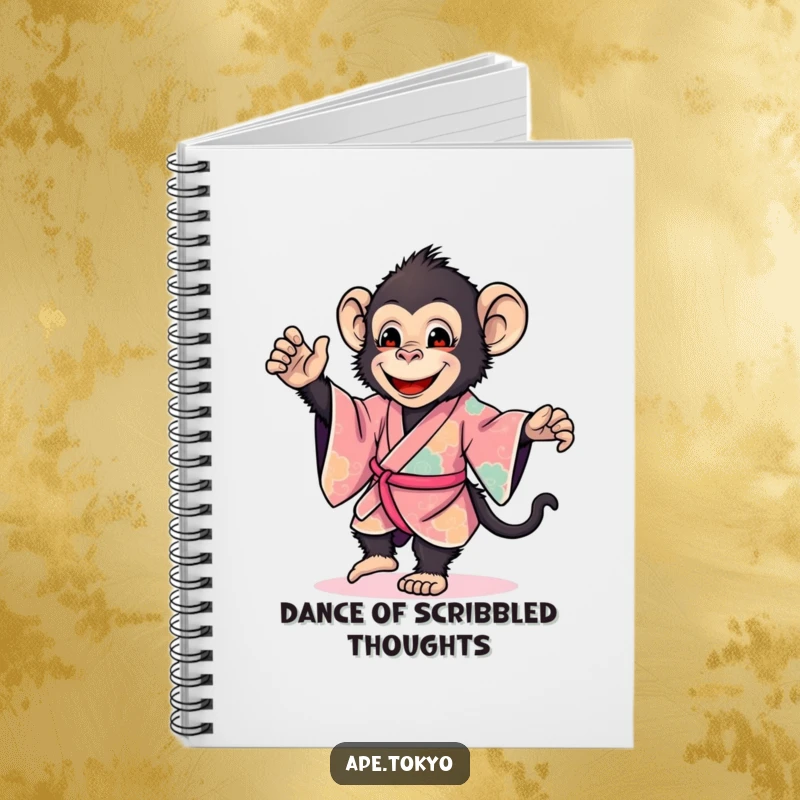 Funny ape in a vibrant kimono dancing gently, providing cheerful humor for a notebook, ideal for a funny gift.