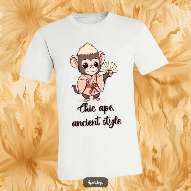 Funny ape wearing an intricate ceremonial kimono, holding a delicate fan with a charming expression, ideal for a humorous gift.