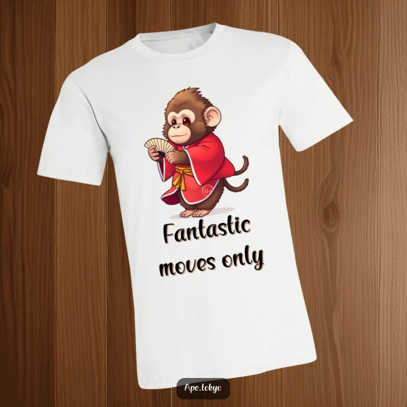 Funny fluffy ape wearing a vibrant red kimono performing a graceful fan dance on a t-shirt, expressive.