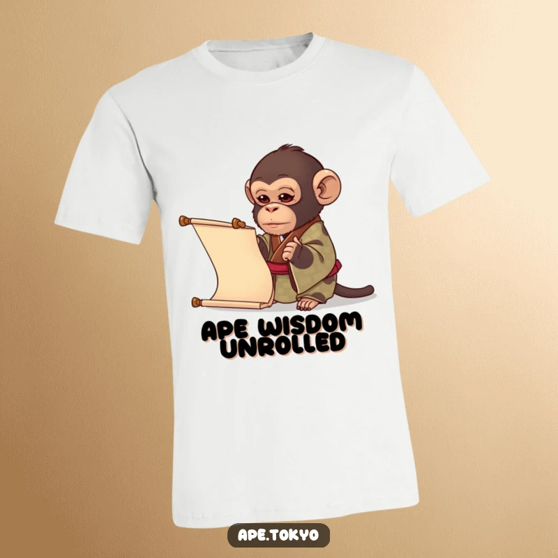 Funny ape in a patterned kimono carefully examining a lengthy scroll, showcasing intellectual curiosity and humor, a great funny gift.