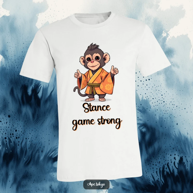 Funny Macaque Kimono Stance T-Shirt: Playful macaque in an ornate kimono, striking a stylish, confident stance, showcasing chic and humorous appeal.