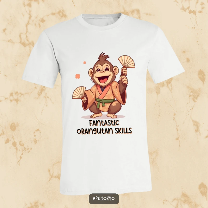 Funny Orangutan Juggling Fans T-Shirt: A cheerful orangutan in a patterned kimono, playfully juggling fans, showcasing hilarious dexterity.