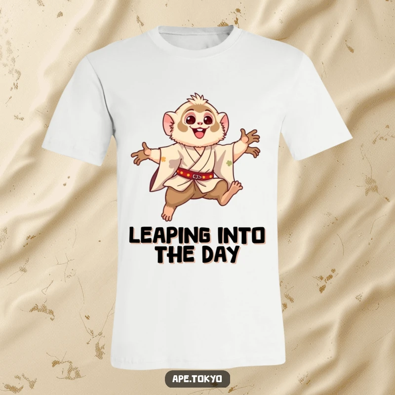 Funny Gibbon Leaping Motion T-Shirt: Happy gibbon in a silk kimono, performing a graceful leaping motion, showcasing agile and humorous style.