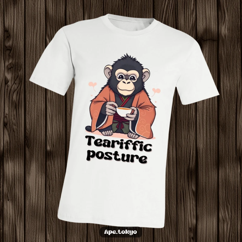 Funny majestic ape in a formal kimono offering a delicate tea cup with a serene expression, t-shirt.