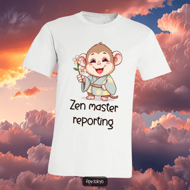 Funny T-Shirt: A joyful ape dressed in a traditional kimono presents a single, beautiful flower with a happy expression.