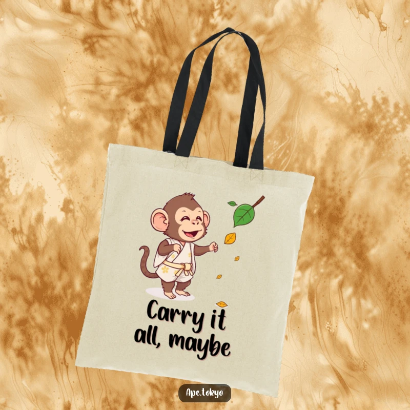 Funny Tote Bag: A silly ape in a short kimono enthusiastically tries to catch a falling leaf.