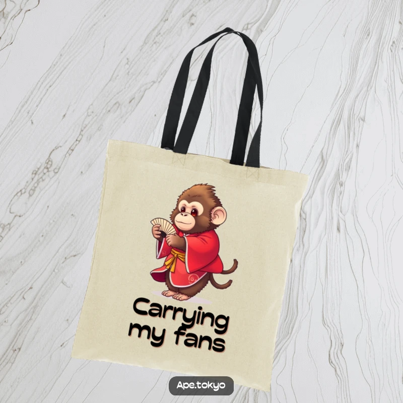 Funny fluffy ape in a red kimono gracefully performing a fan dance, colorful tote bag, practical humor.