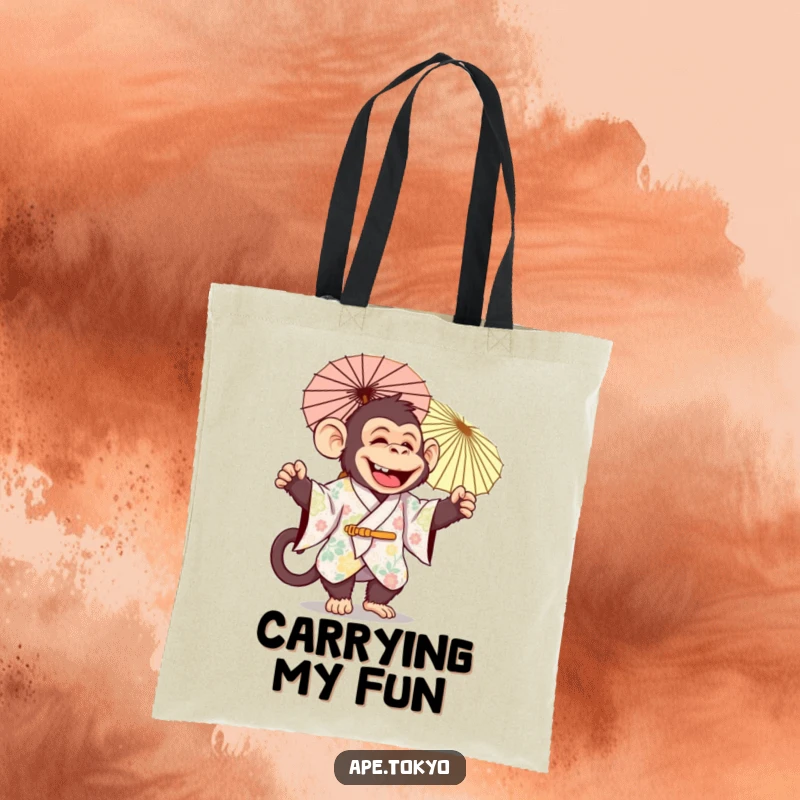 Funny jolly ape in festive kimono joyfully twirling a decorative parasol, tote bag, festive accessory.