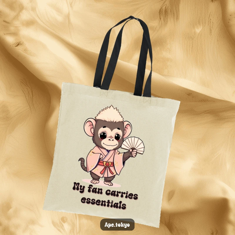 Funny ape in elegant ceremonial kimono holding a fan, showcasing charming humor and a unique design, great funny gift idea.