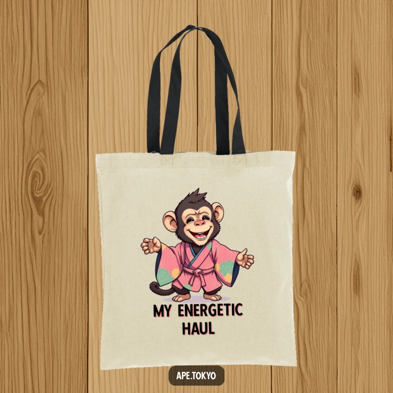 Funny Tote Bag: A joyful ape in a vibrant kimono strikes a dynamic, action-packed pose, ready for anything.