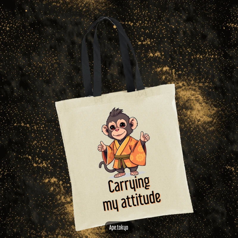 Funny Macaque Kimono Stance Tote Bag: Playful macaque in an ornate kimono, striking a stylish, confident stance, perfect for carrying humor stylishly.