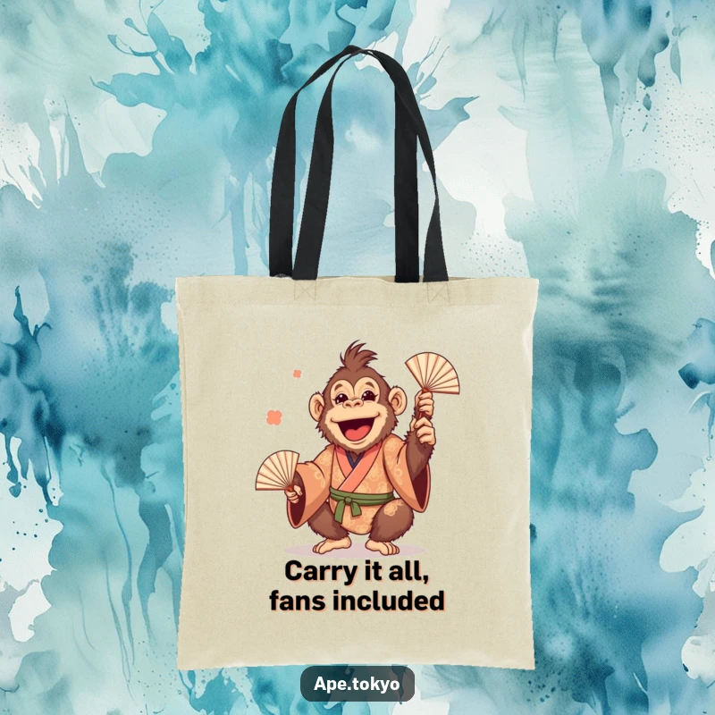 Funny Orangutan Juggling Fans Tote Bag: Cheerful primate in a patterned kimono, playfully juggling fans, for carrying humor everywhere.