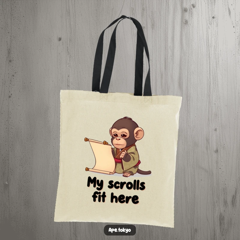 Funny ape in a patterned kimono examining a scroll, making this a humorous and intellectual tote bag, a great funny gift.